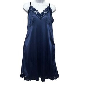 VTG Vanity Fair Womens Satin Lingerie Slip Dress M Navy Romantic Layer Y2K Retro